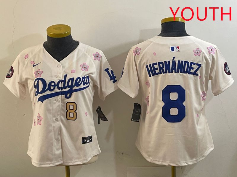 Youth Los Angeles Dodgers #8 Hernandez Cream Sakura Edition 2025 Nike MLB Jersey style 8->youth mlb jersey->Youth Jersey